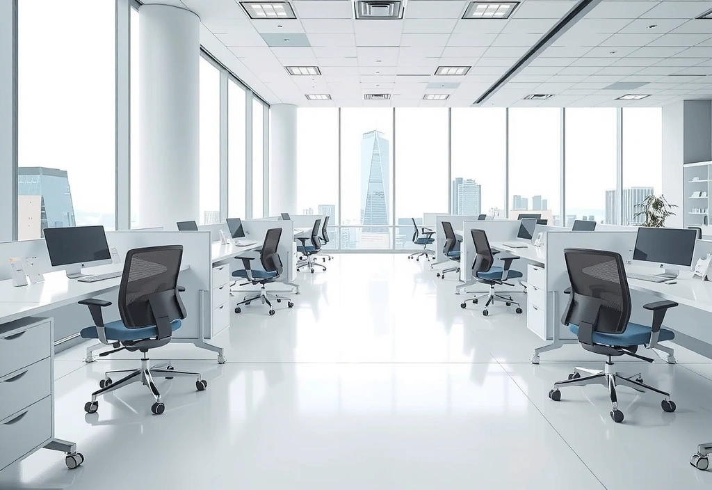 Čistá kancelář s moderním nábytkem a výhledem