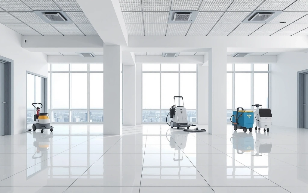 Moderně čistý interiér s lesknoucími se povrchy a prosvětleným prostorem, symbolizující profesionalitu úklidových služeb.
