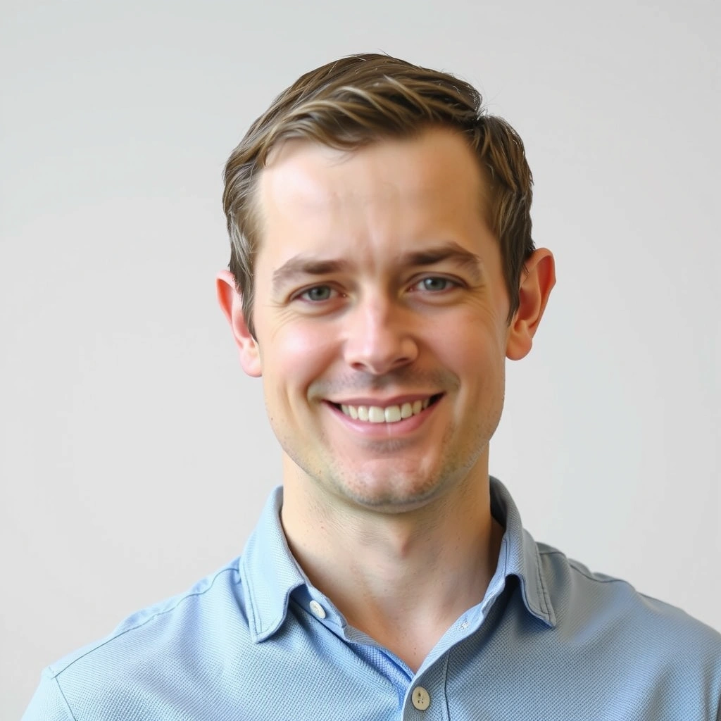 Portrét spokojeného klienta, muže, s krátkými vlasy a v košili, s jemným úsměvem.