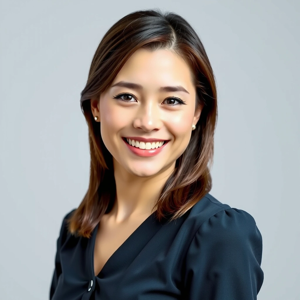 Portrét spokojené klientky, usmívající se, s moderním účesem a vkusným oblečením.